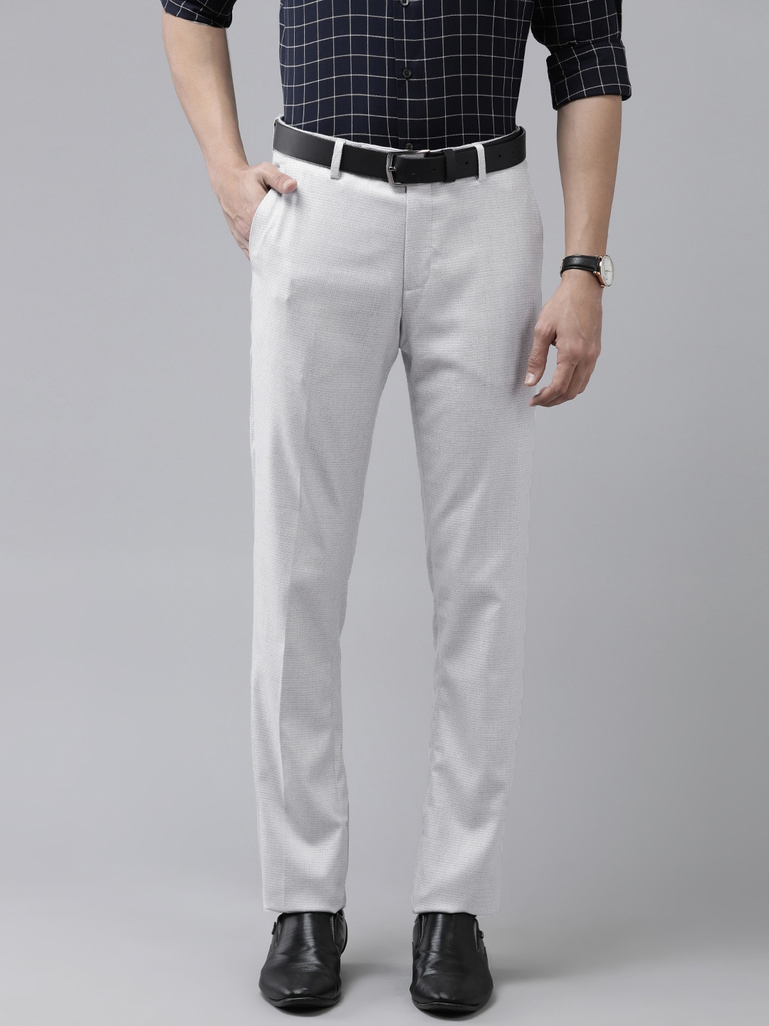 

Arrow Men Grey Textured Self Design Smart Fit Mid-Rise Woven Flat-Front Formal Trousers