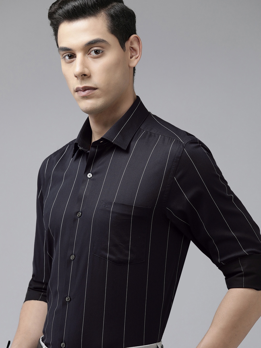 

Arrow Men Black Original Slim Fit Pinstripes Opaque Pure Cotton Formal Shirt