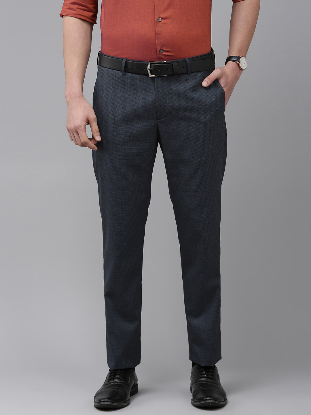 

Arrow Men Blue Checked Smart Fit Mid-Rise Plain Woven Flat-Front Formal Trousers