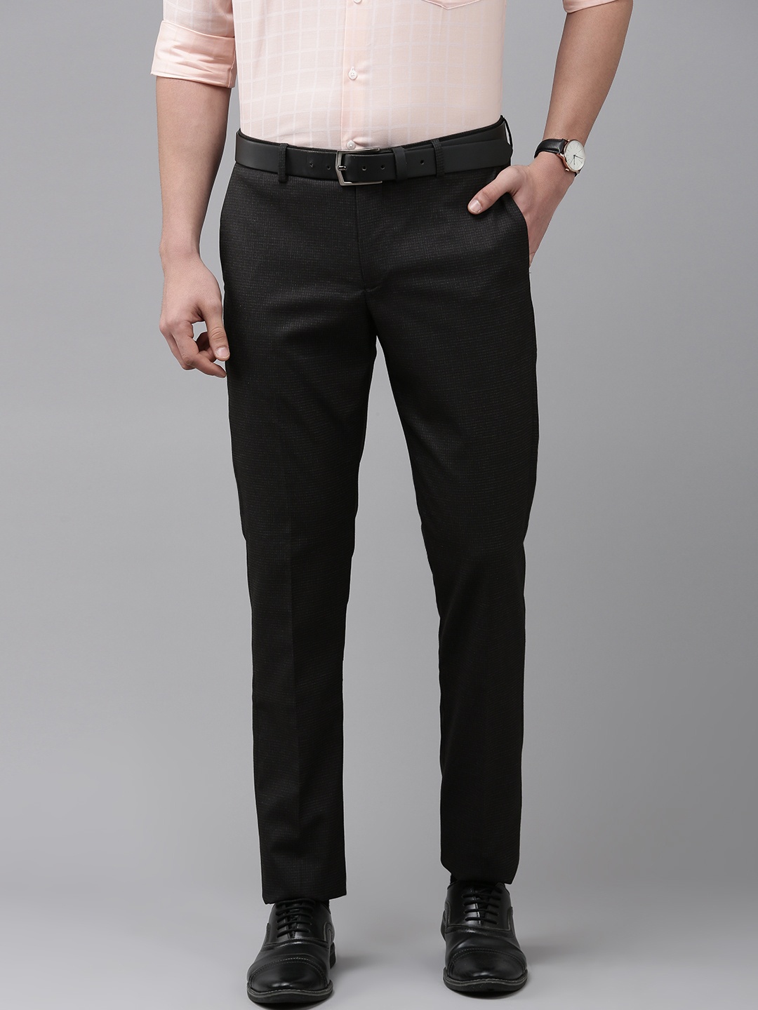 Arrow Men Black Textured Tailored Formal Trousers