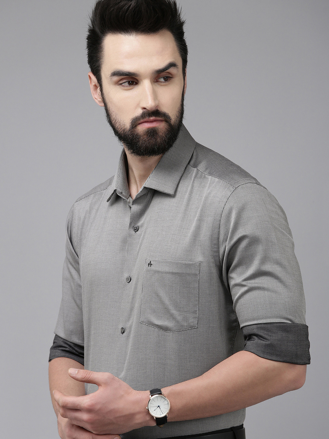 

Arrow Men Grey Manhattan Slim Fit Textured Opaque Self Design Pure Cotton Formal Shirt