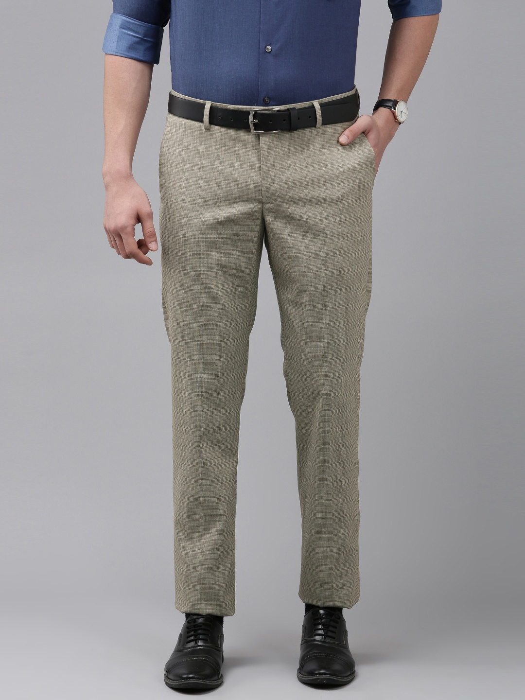 

Arrow Men Light Khaki Checked Smart Fit Mid-Rise Plain Woven Flat-Front Formal Trousers