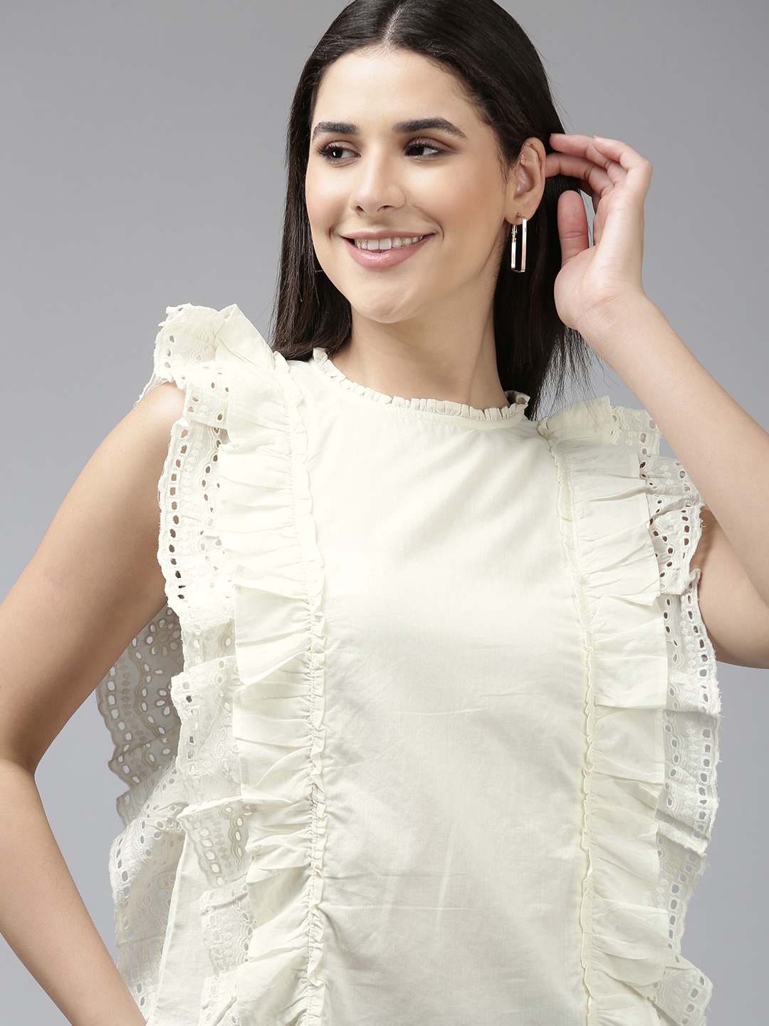 

Van Heusen Woman Solid Ruffled Pure Cotton Sleeveless Top, White