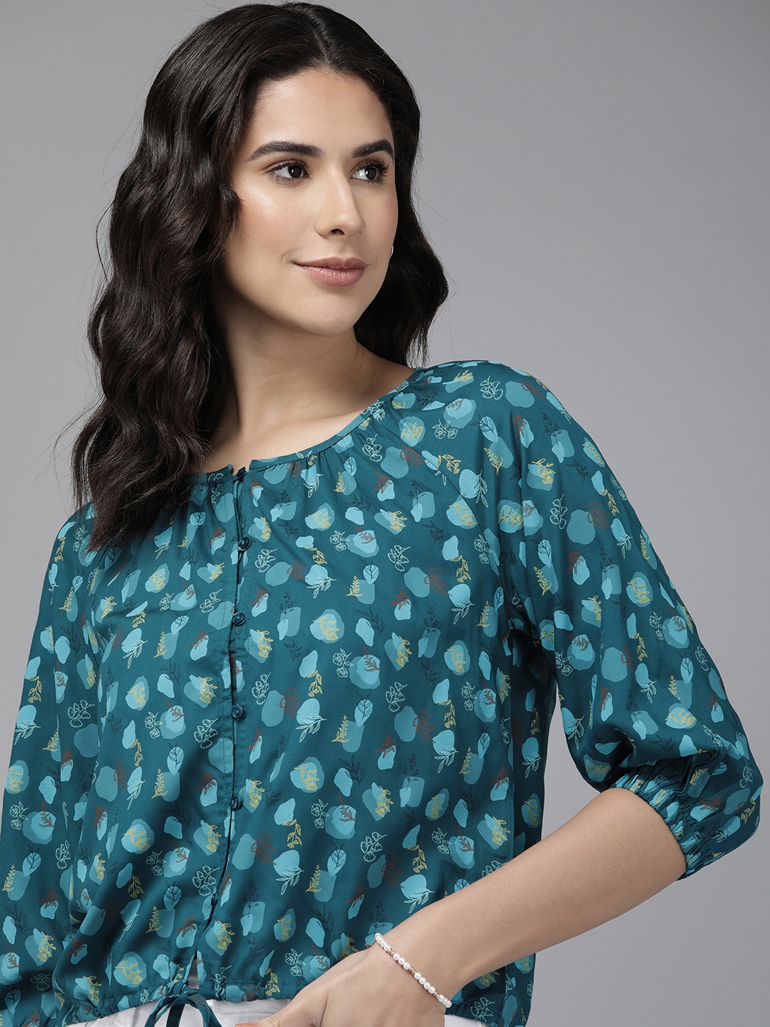 

Van Heusen Floral Print Bishop Sleeves Shirt Style Top, Teal