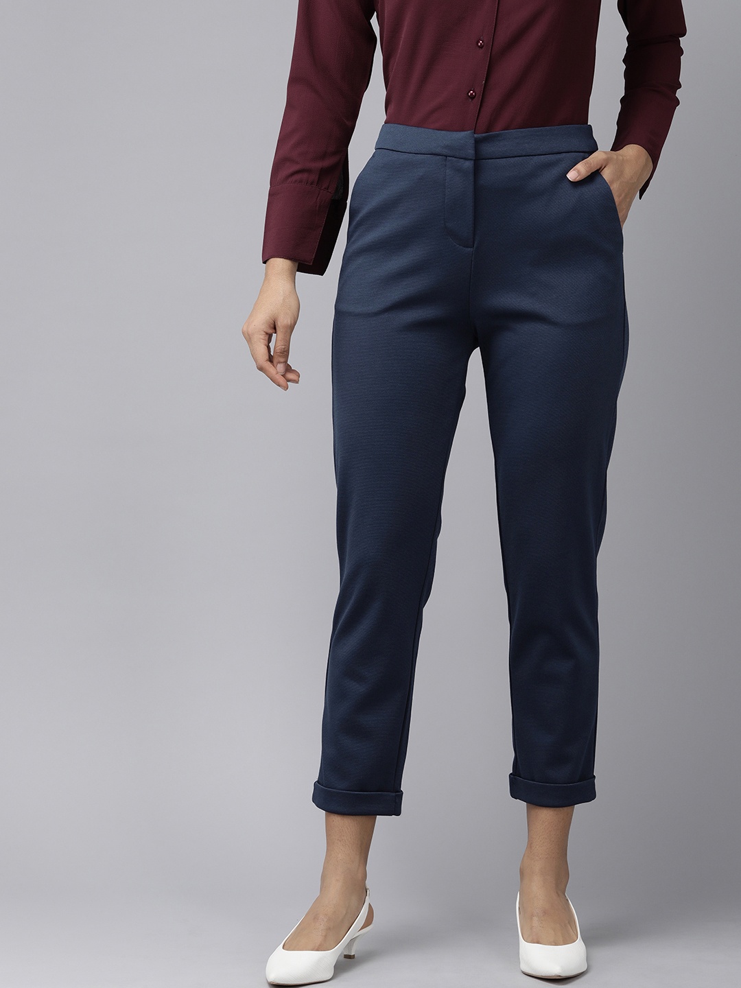 Van Heusen Woman Women Striped Flat Front Trousers, Navy blue