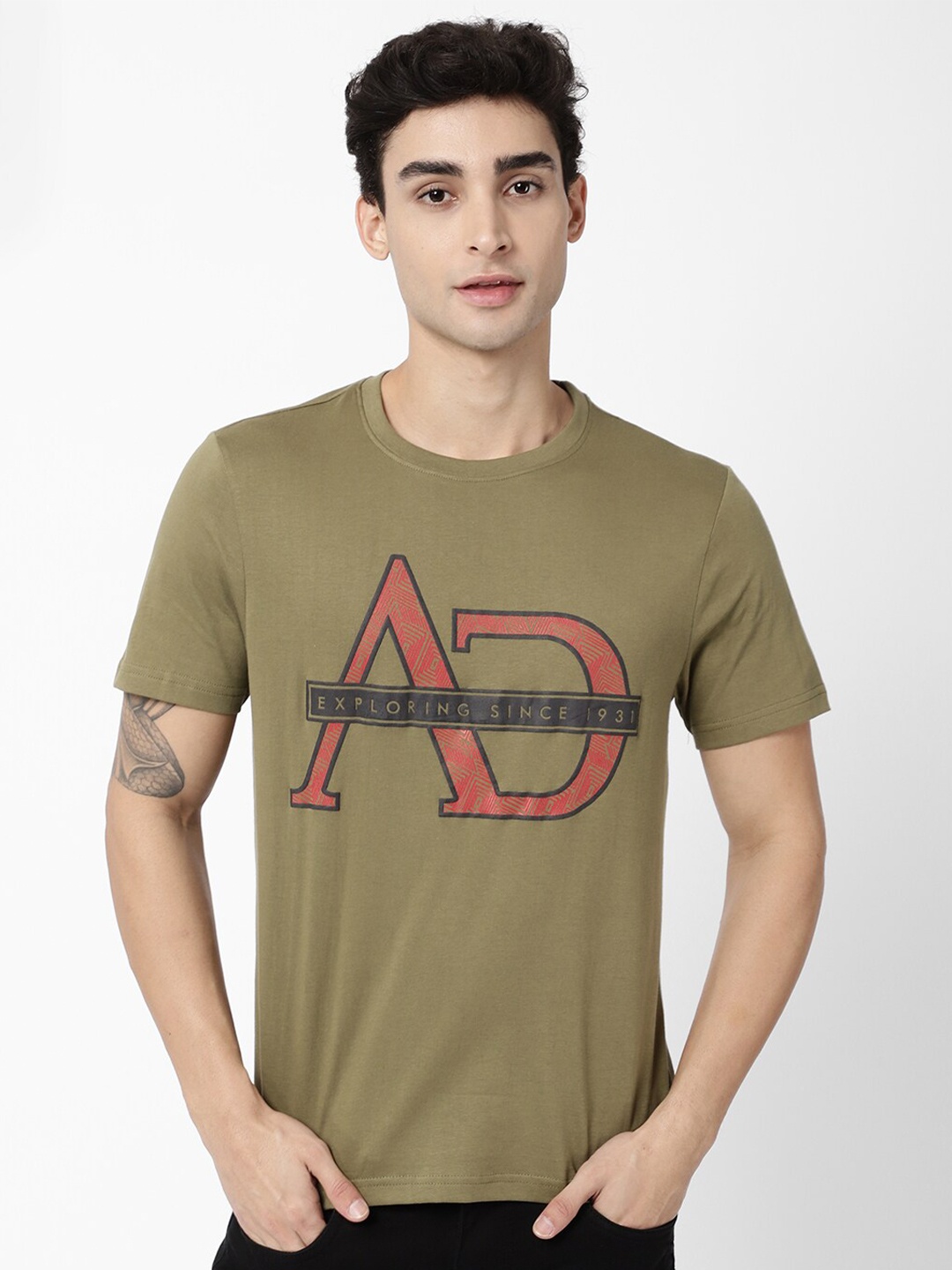 

AD By Arvind Men Olive Green Typography Printed Slim Fit T-shirt