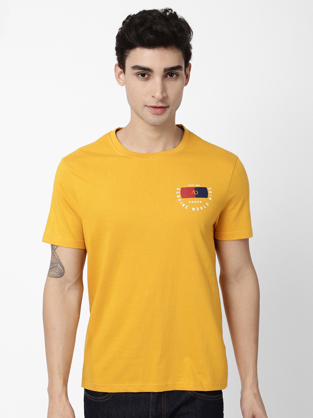 

AD By Arvind Men Mustard Yellow Slim Fit Pure Cotton T-shirt