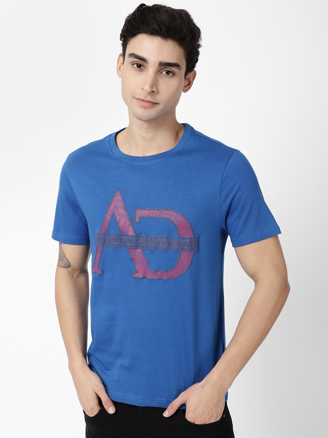 

AD By Arvind Men Blue Typography Printed Slim Fit Cotton T-shirt