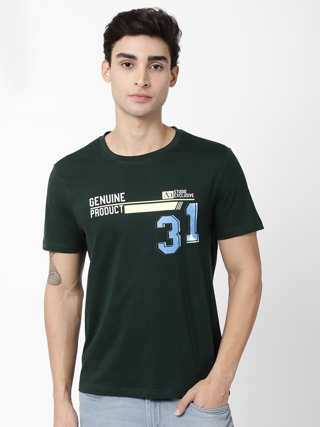 AD By Arvind Men Green Typography Printed Slim Fit T-shirt