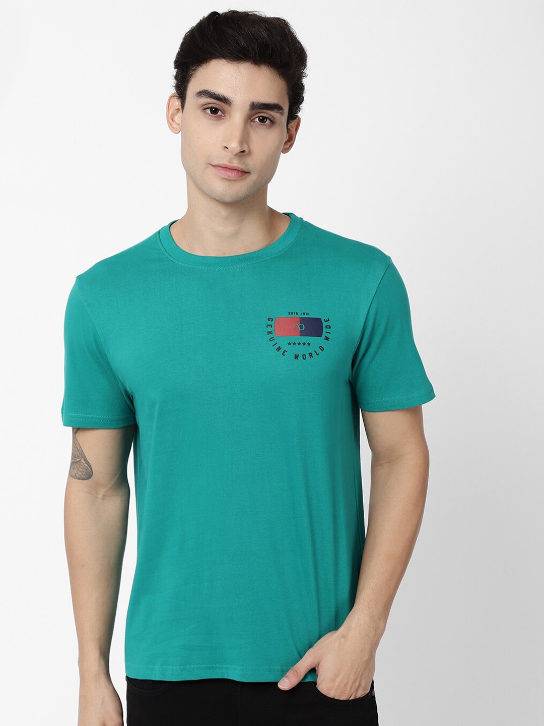 

AD By Arvind Men Green Printed Slim Fit Cotton T-shirt