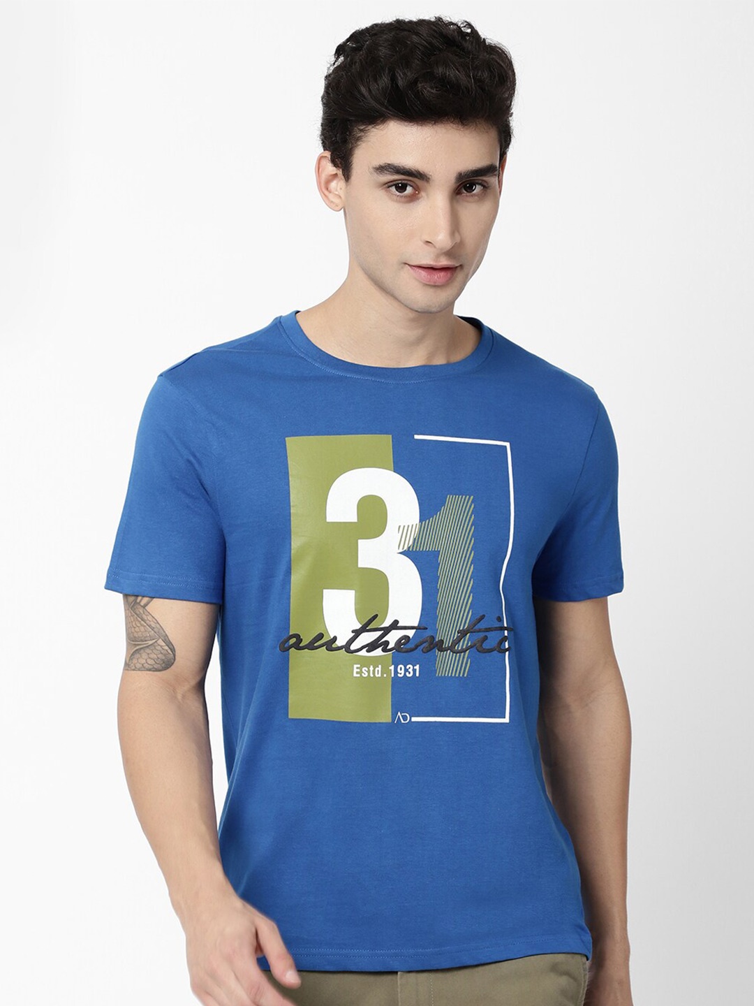 

AD By Arvind Men Blue Slim Fit Pure Cotton T-shirt