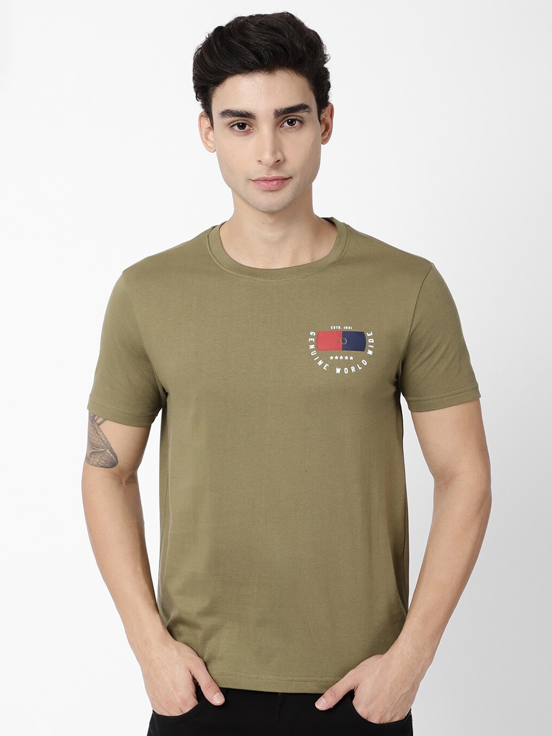 

AD By Arvind Men Olive Green Slim Fit Pure Cotton T-shirt