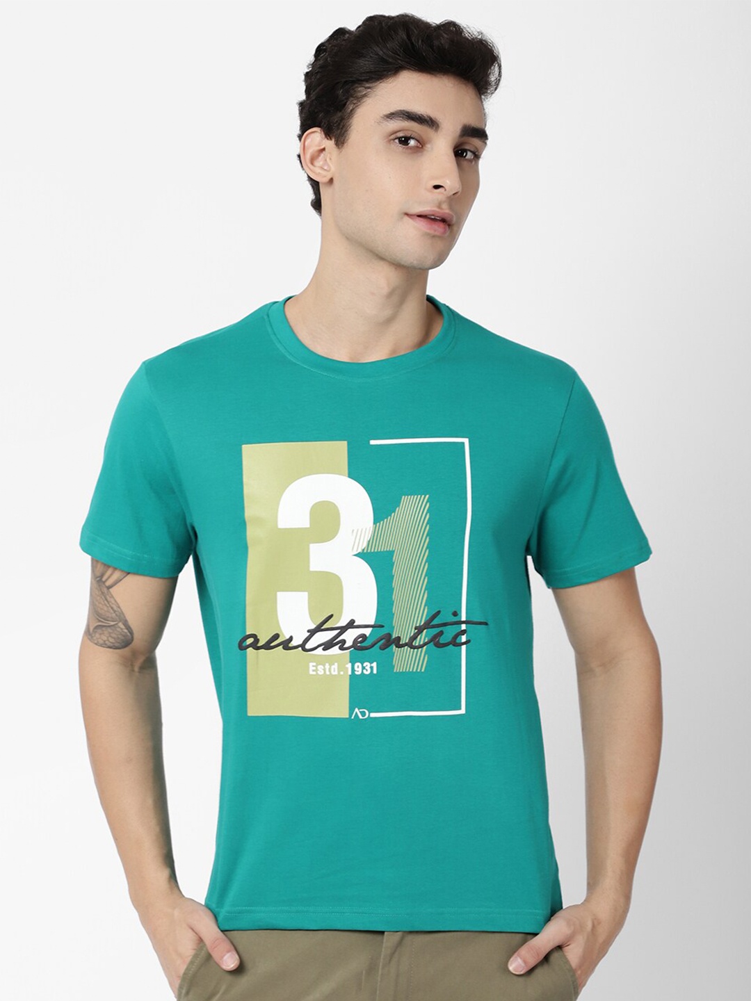 

AD By Arvind Men Turquoise Blue Varsity Printed Slim Fit Cotton T-shirt