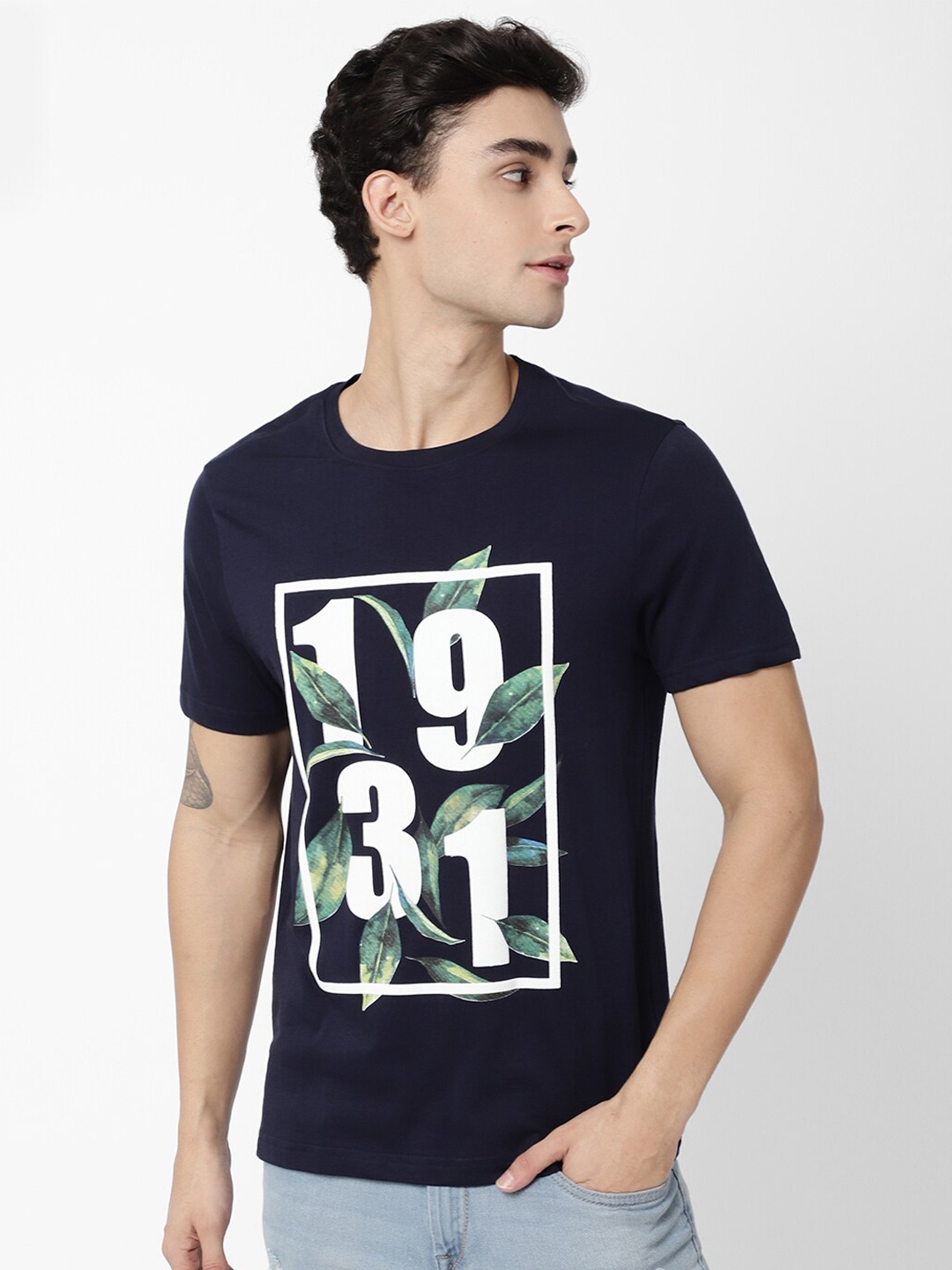 

AD By Arvind Men Navy Blue Printed Slim Fit Pure Cotton T-shirt