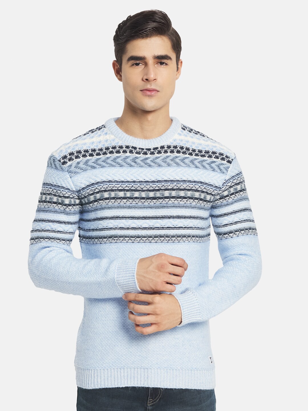 

METTLE Men Blue & Grey Printed Pullover