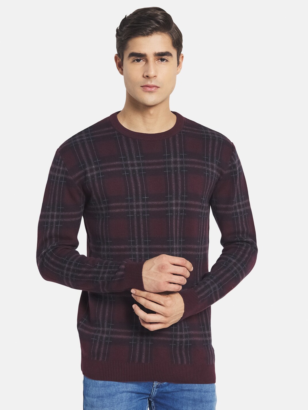 

METTLE Men Violet & Black Checked Pullover