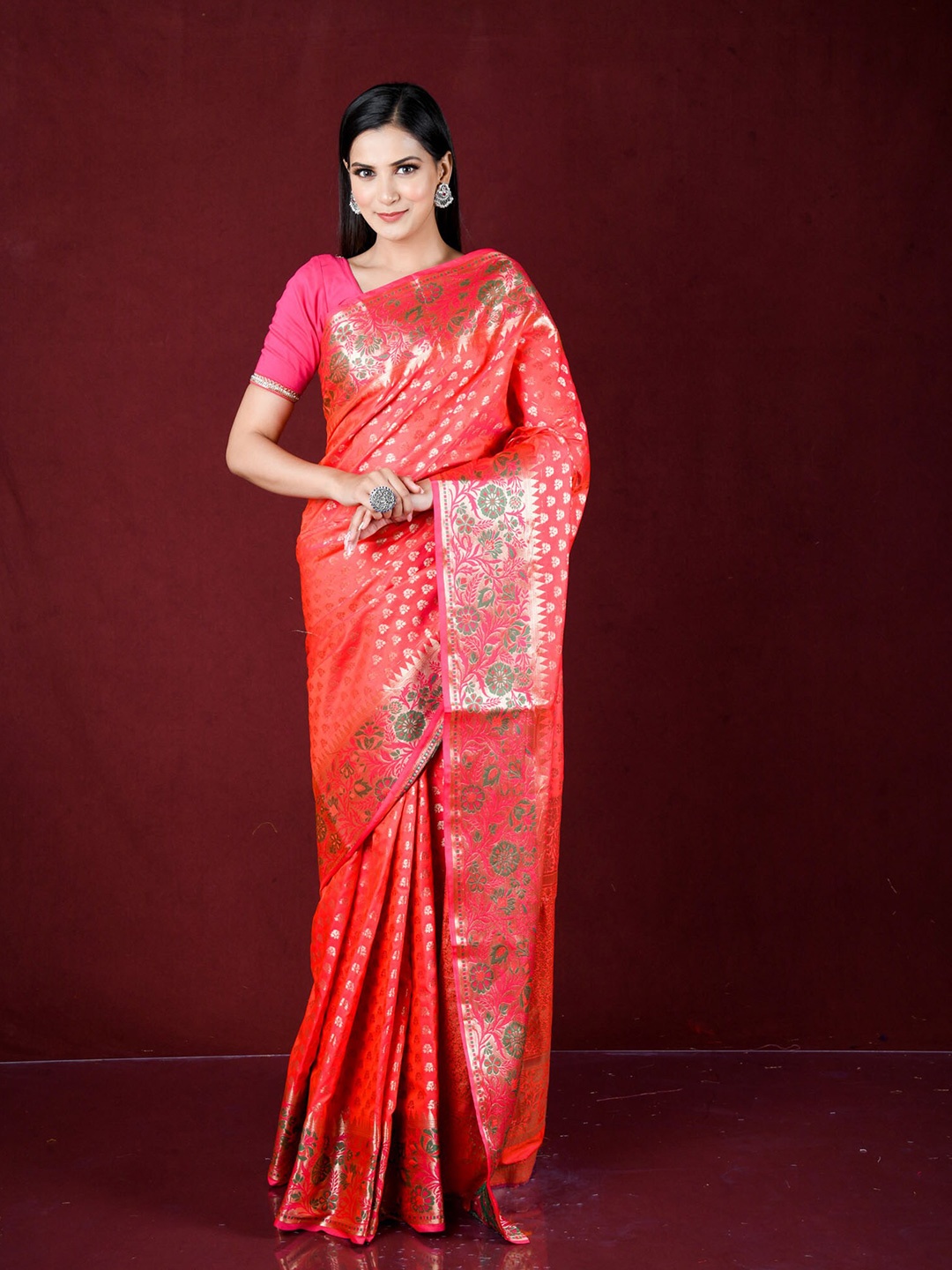 

Exclusiva Pink & Green Ethnic Motifs Zari Banarasi Saree