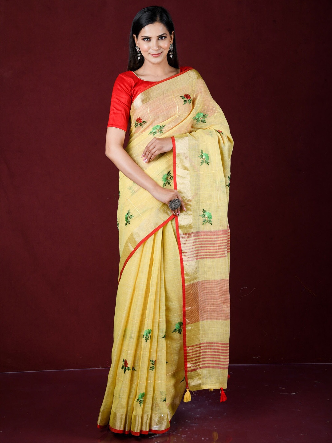 

Exclusiva Yellow & Red Floral Embroidered Pure Linen Saree