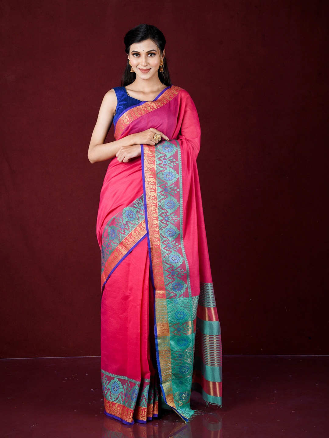 

Exclusiva Pink & Blue Woven Design Zari Banarasi Saree