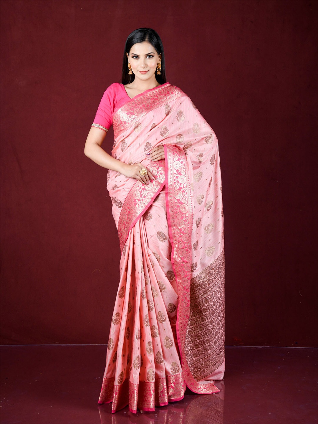 

Exclusiva Pink & Gold-Toned Ethnic Motifs Zari Pure Cotton Banarasi Saree