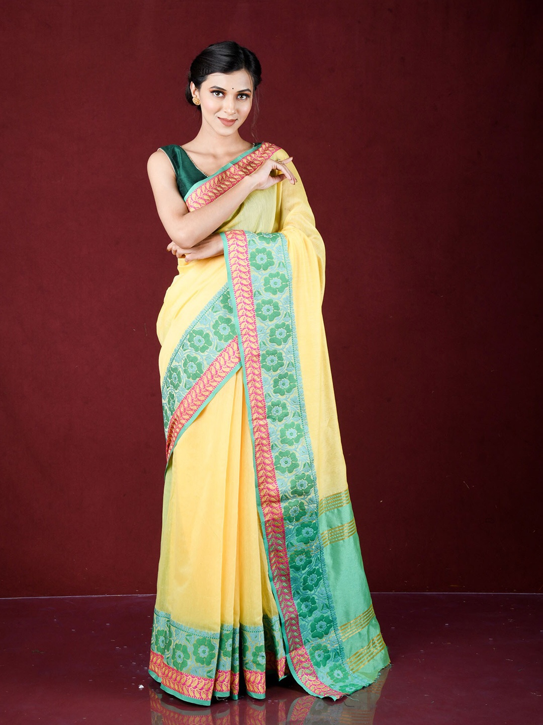 

Exclusiva Yellow & Green Woven Design Zari Banarasi Saree
