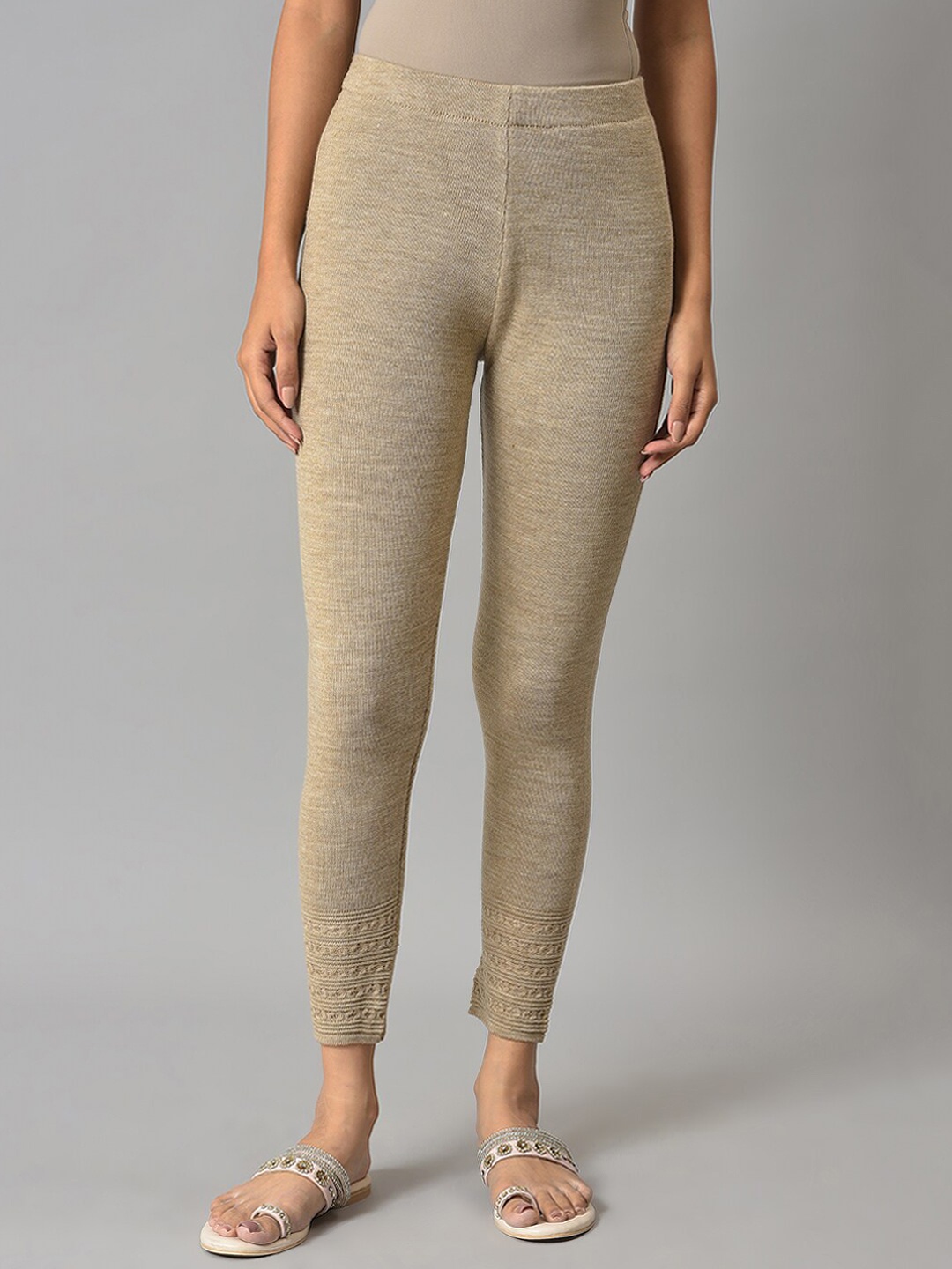 

W Women Solid Knitted Acrylic Tights, Beige