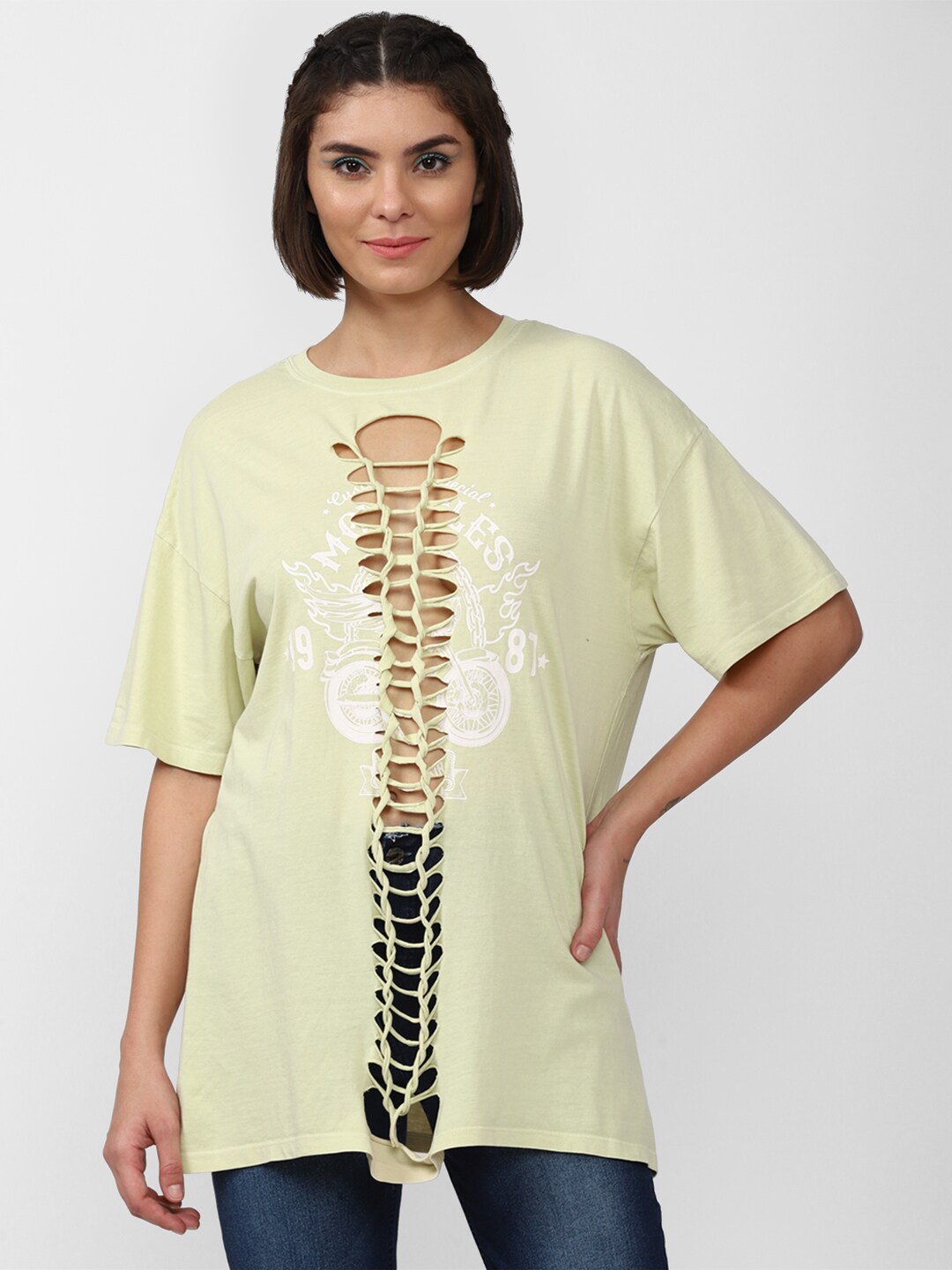 

FOREVER 21 Green Print Extended Sleeves Longline Top