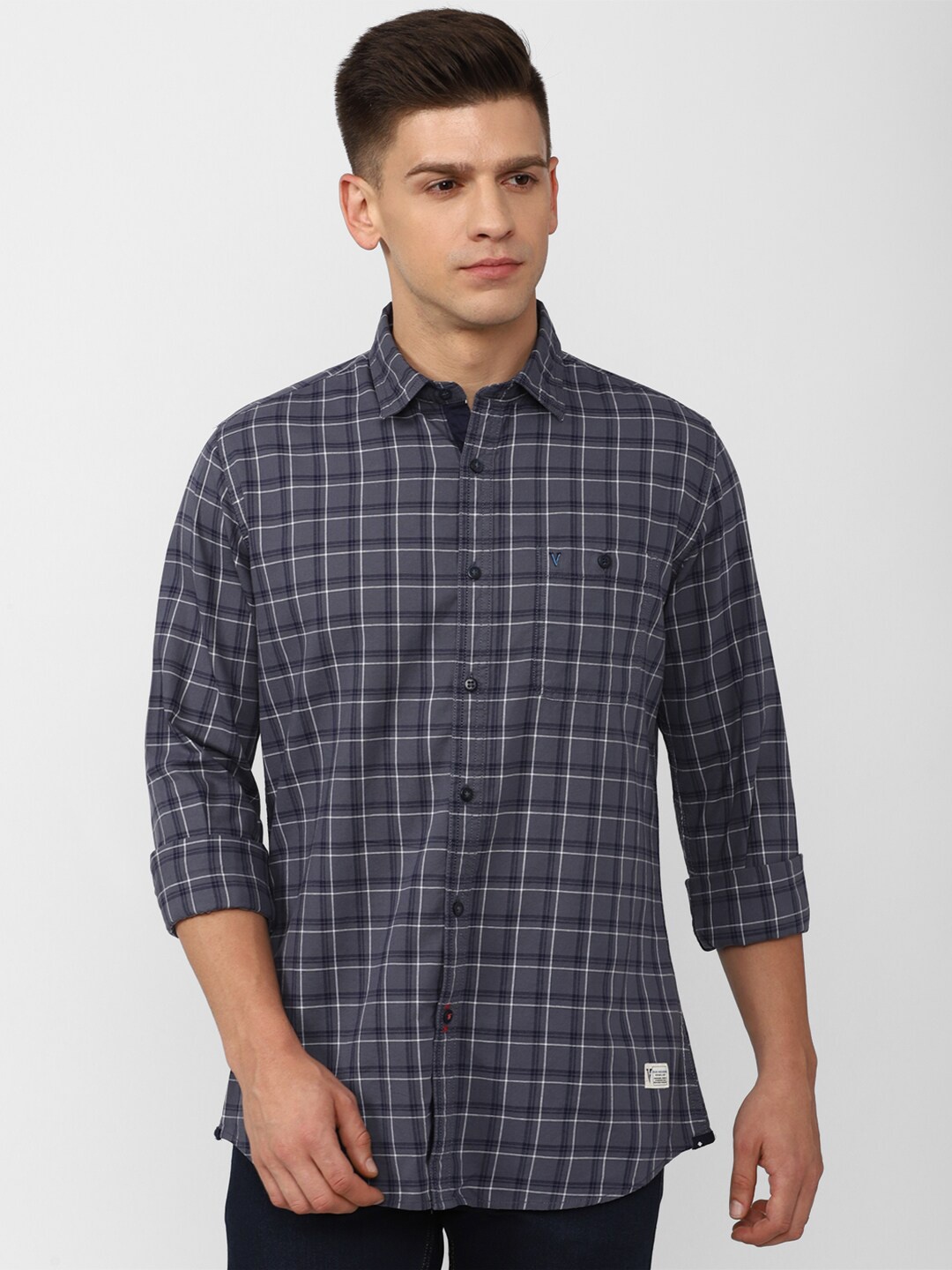 

VAN HEUSEN DENIM LABS Men Grey Slim Fit Windowpane Checks Checked Cotton Casual Shirt