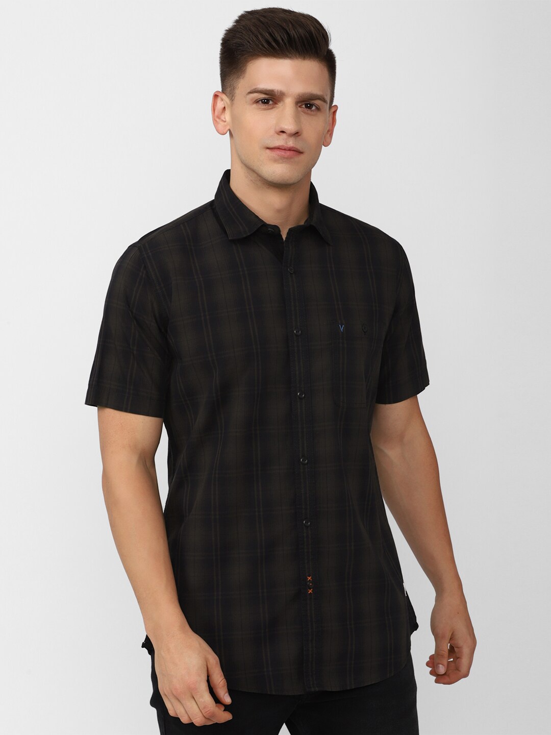 

VAN HEUSEN DENIM LABS Men Black Slim Fit Tartan Checked Pure Cotton Casual Shirt