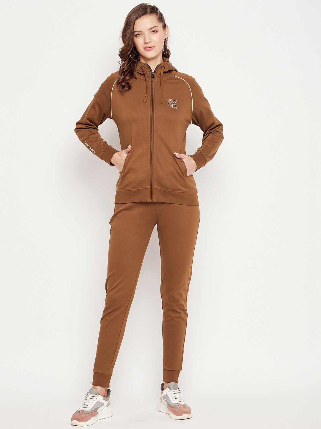 

EDRIO Women Coffee Brown Solid Cotton Tracksuits