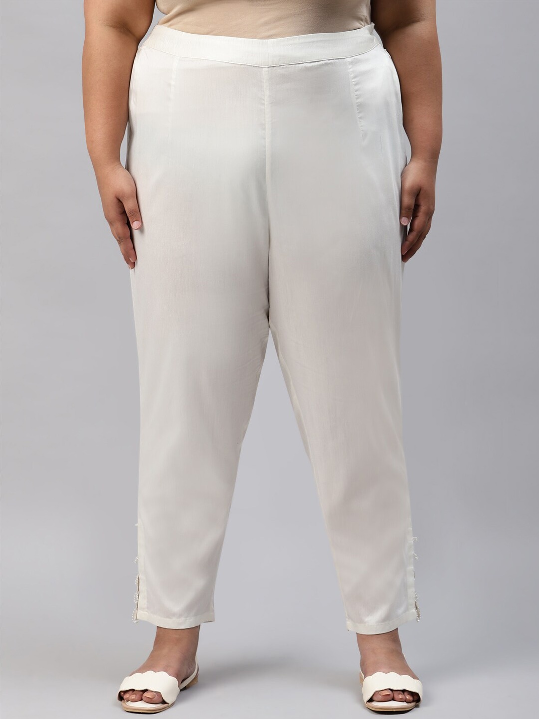 

W Women Plus Size Off White Slim Fit Cigarette Trouser