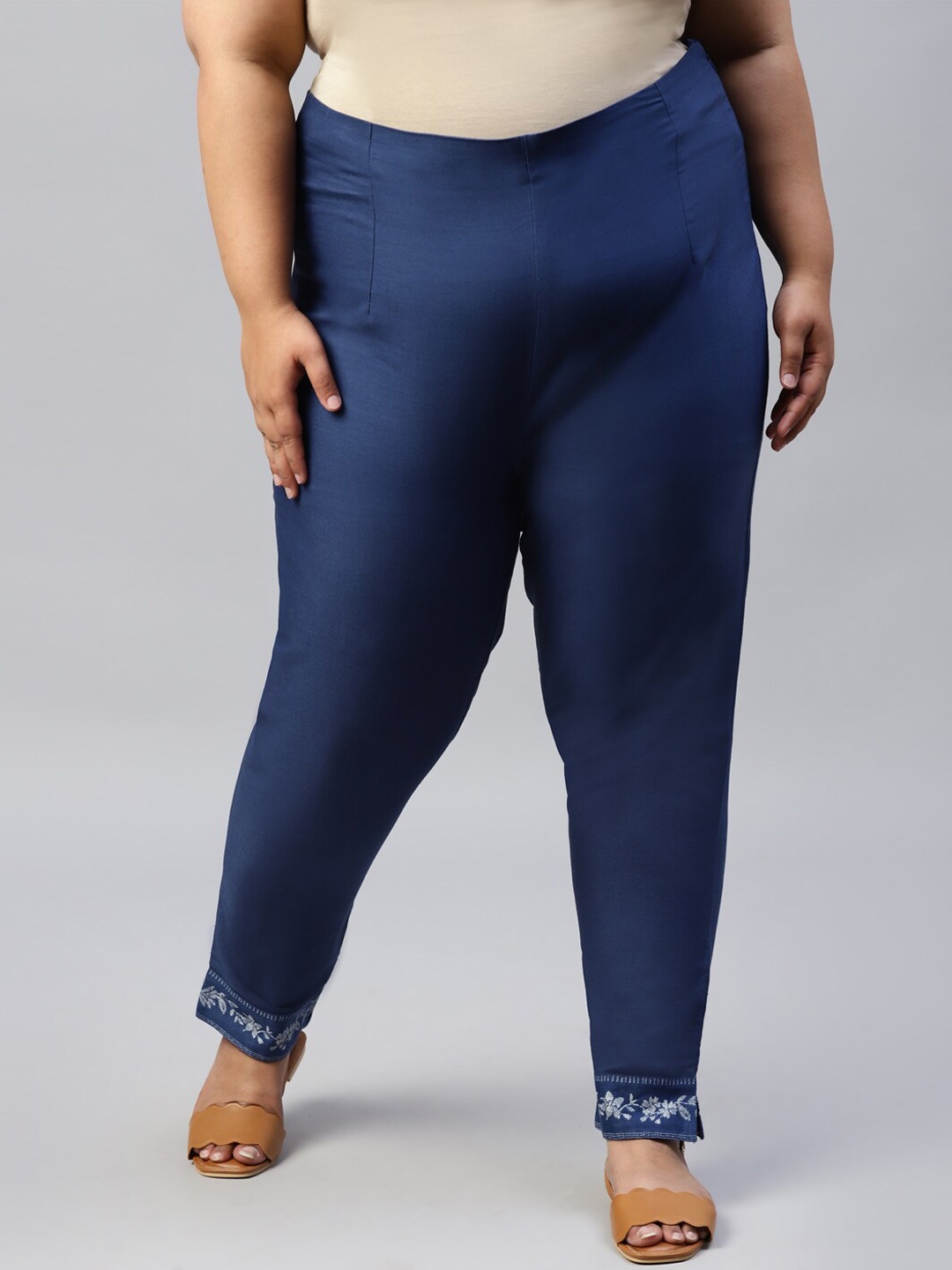 W Women Plus Size Blue Slim Fit Cigarette Trouser