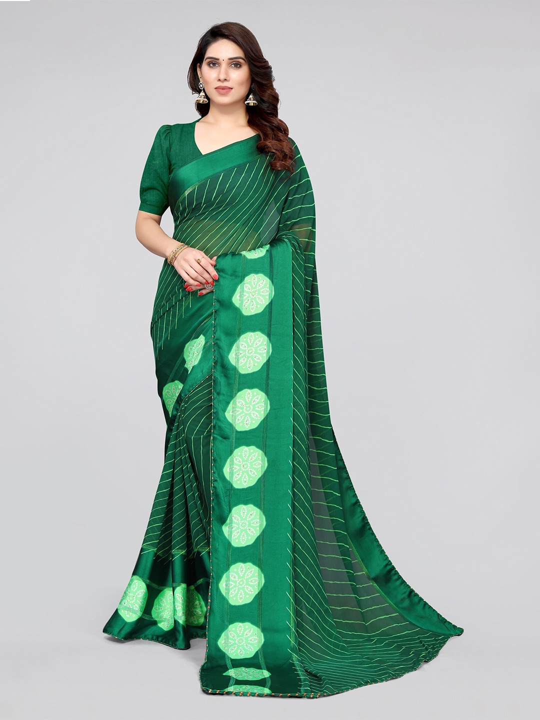 

MIRCHI FASHION Green Striped Georgette Saree