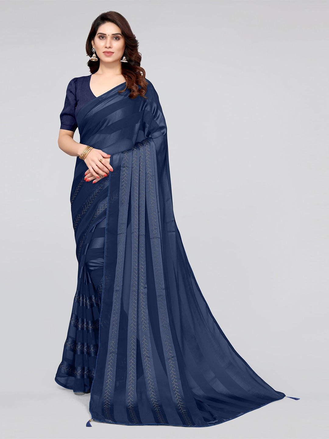 

MIRCHI FASHION Navy Blue Striped Saree