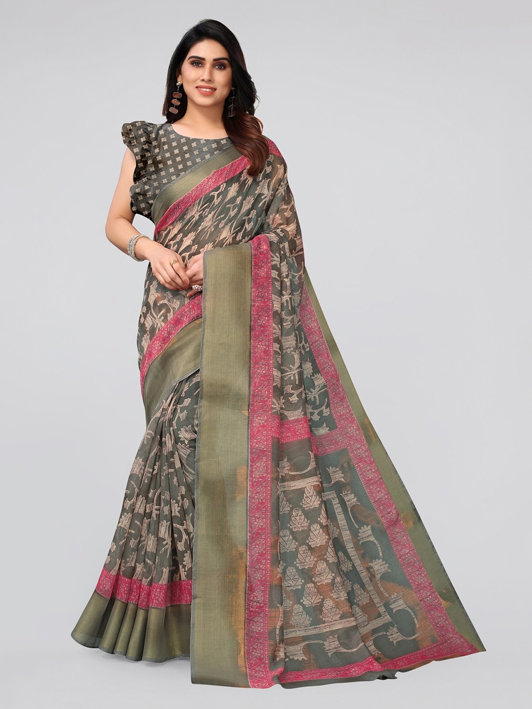 

MIRCHI FASHION Grey & Green Floral Zari Block Print Saree