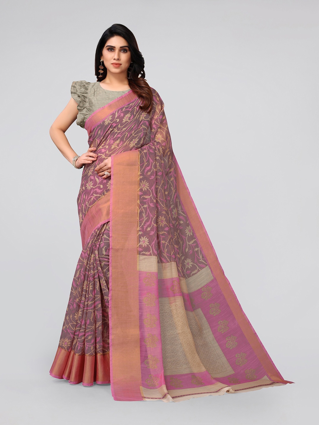 

MIRCHI FASHION Magenta & Beige Floral Zari Saree