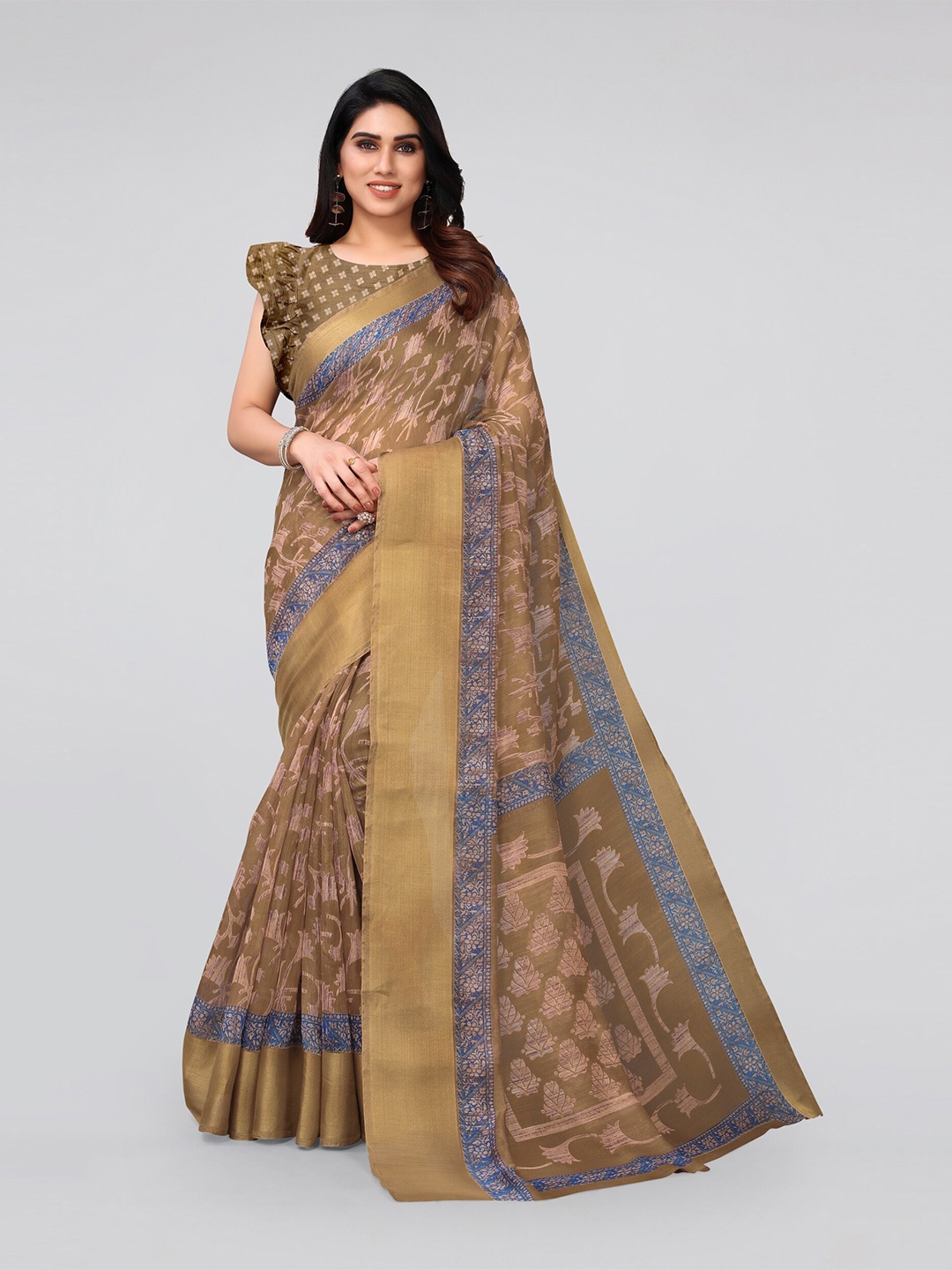 

MIRCHI FASHION Brown & Blue Floral Zari Block Print Saree