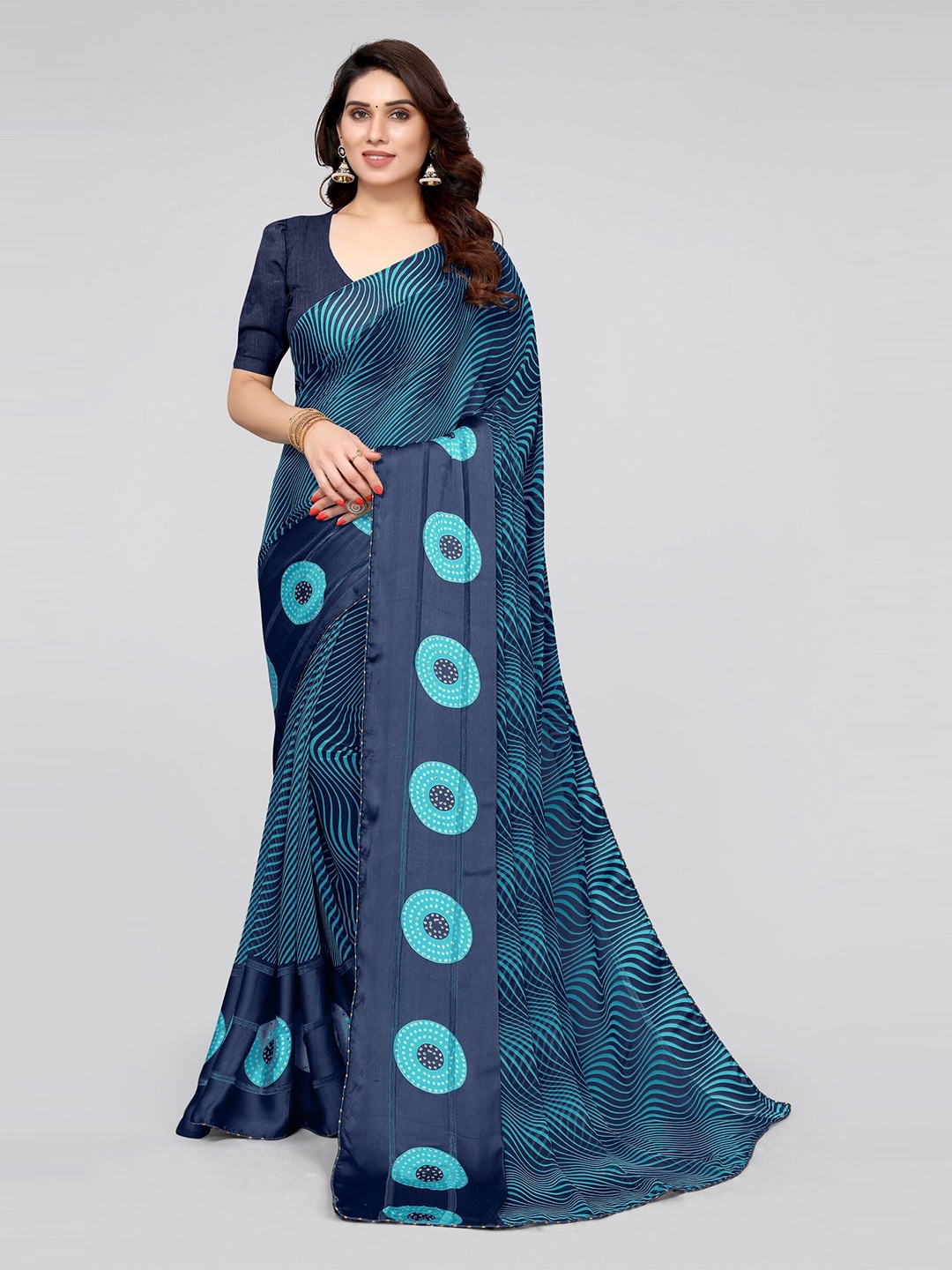 

MIRCHI FASHION Navy Blue Striped Beads and Stones Leheriya Saree