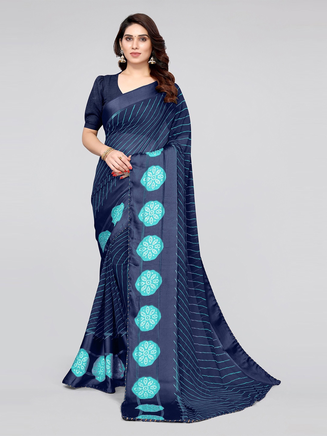 

MIRCHI FASHION Navy Blue Leheriya Saree