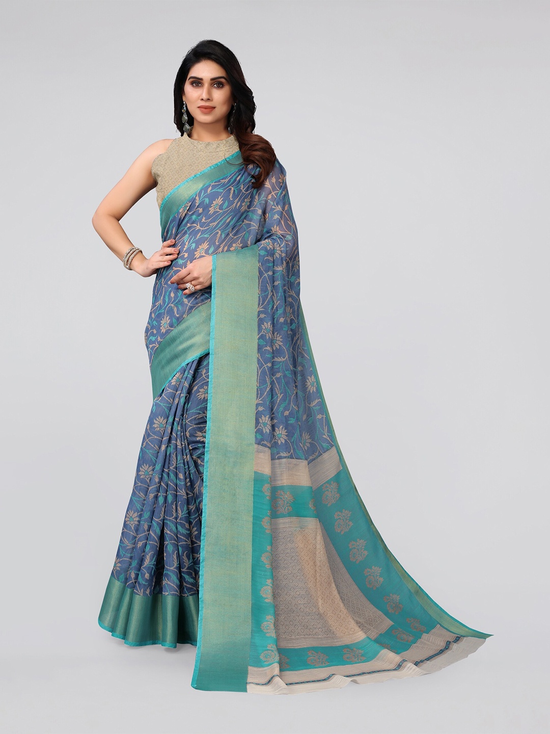 

MIRCHI FASHION Blue & Green Floral Zari Saree