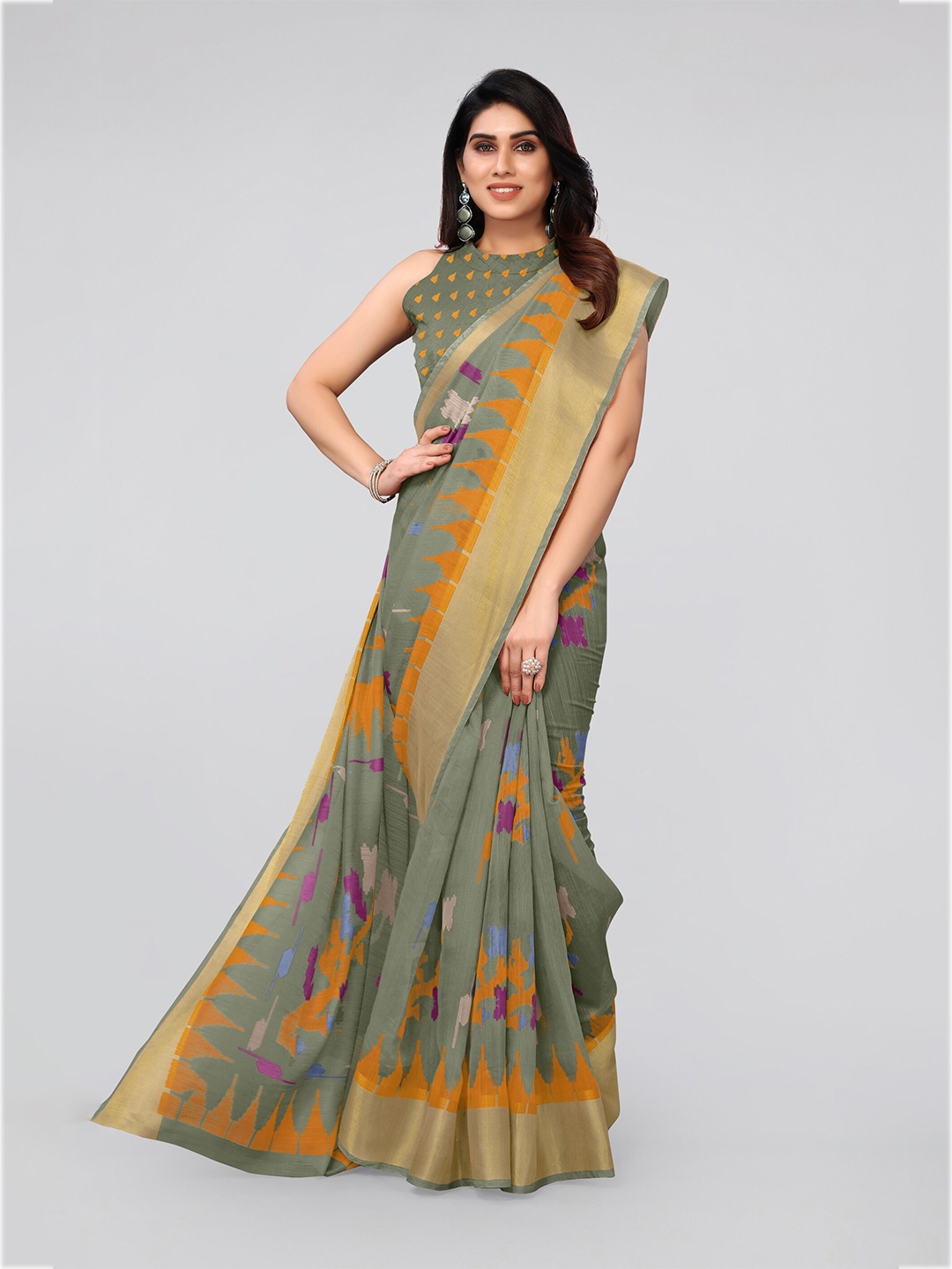 

MIRCHI FASHION Olive Green & Orange Zari Printed Cotton Blend Saree