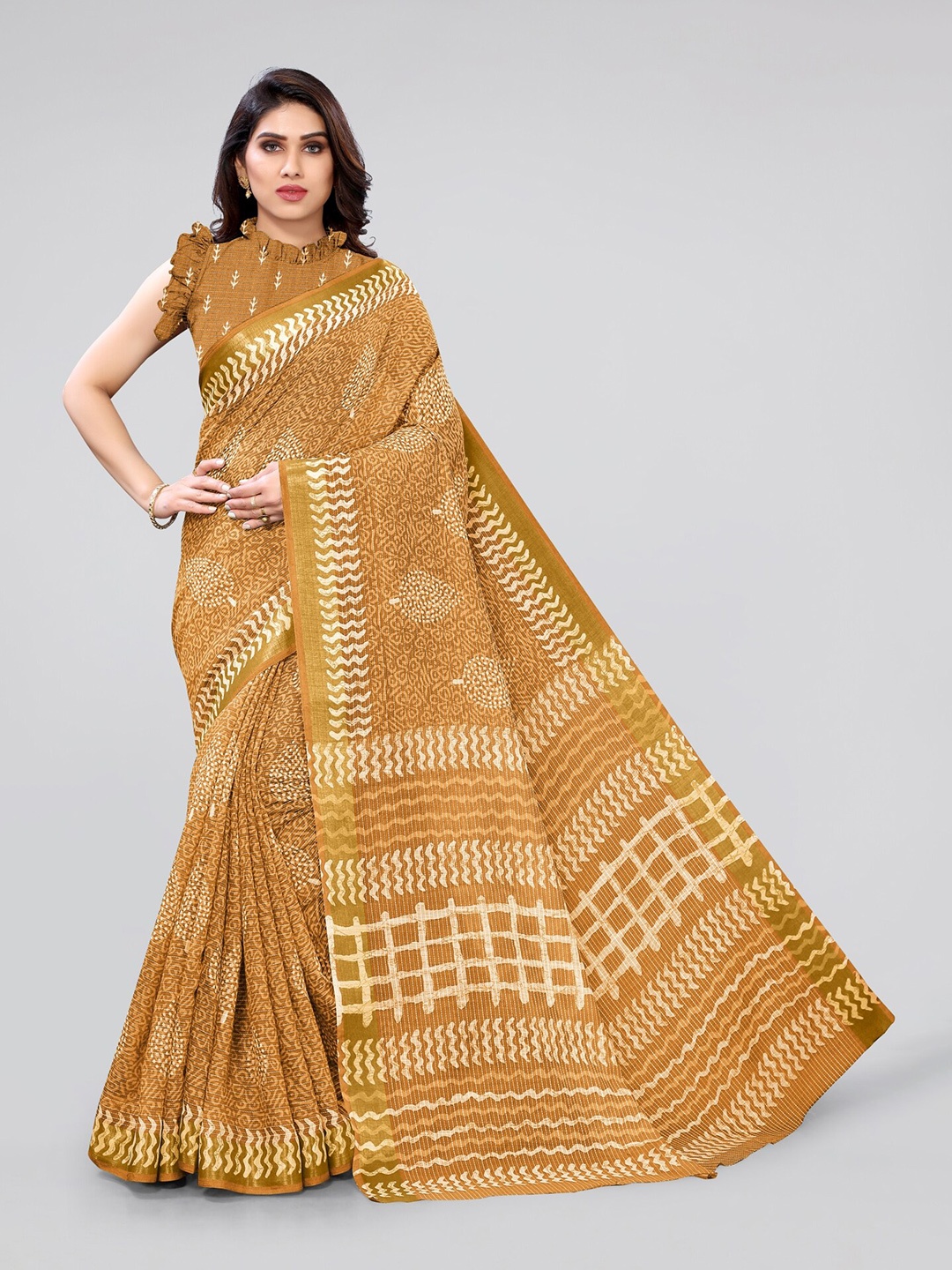 

MIRCHI FASHION Mustard & Off White Ethnic Motifs Zari Saree