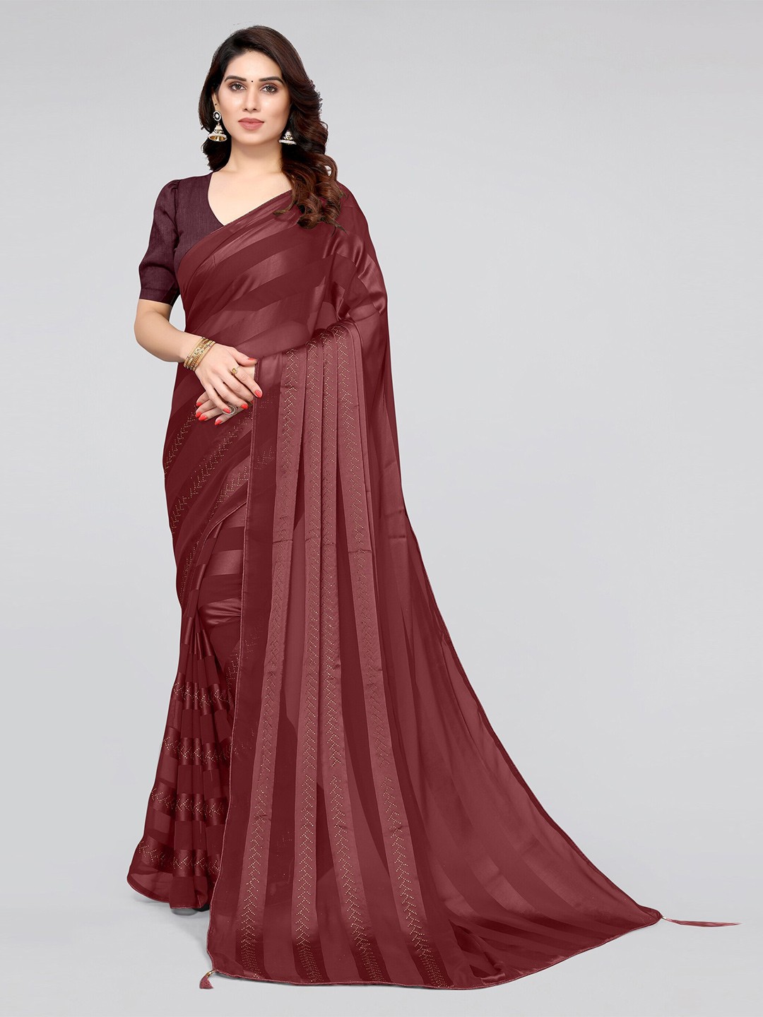 

MIRCHI FASHION Maroon Striped Beads and Stones Saree