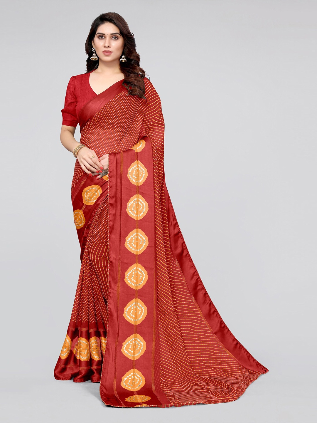 

MIRCHI FASHION Red & Mustard Yellow Printed Leheriya Saree