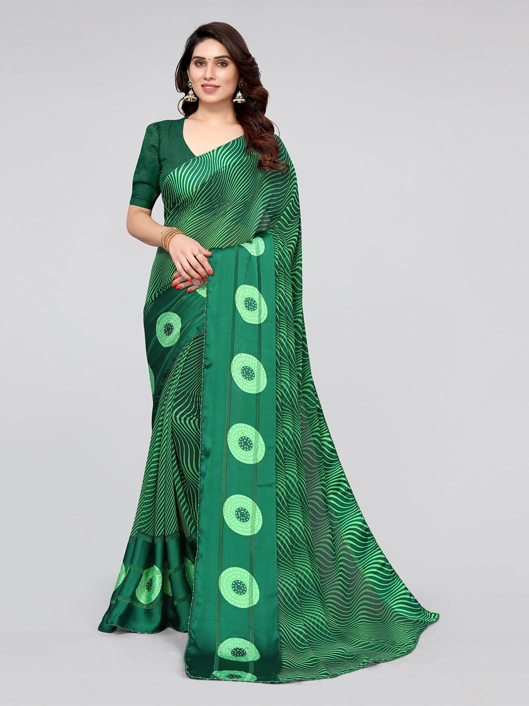 

MIRCHI FASHION Green Striped Beads and Stones Leheriya Saree