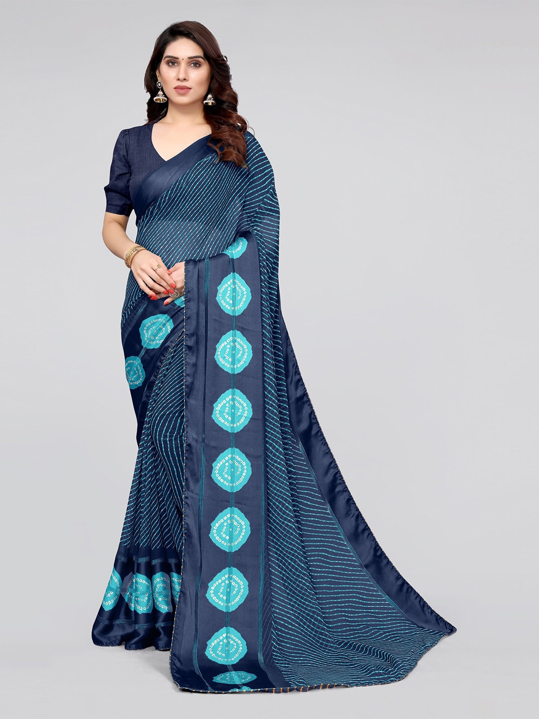 

MIRCHI FASHION Navy Blue Striped Georgette Saree