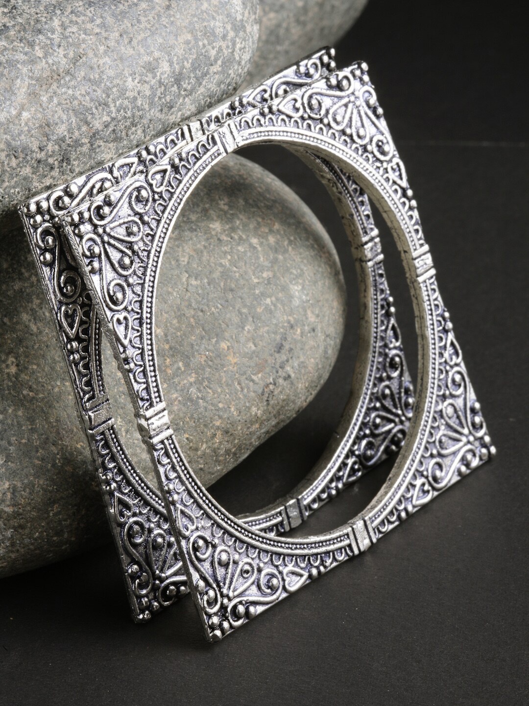 

PANASH Set Of 2 Oxidized Silver-Toned Square Shaped Bangles