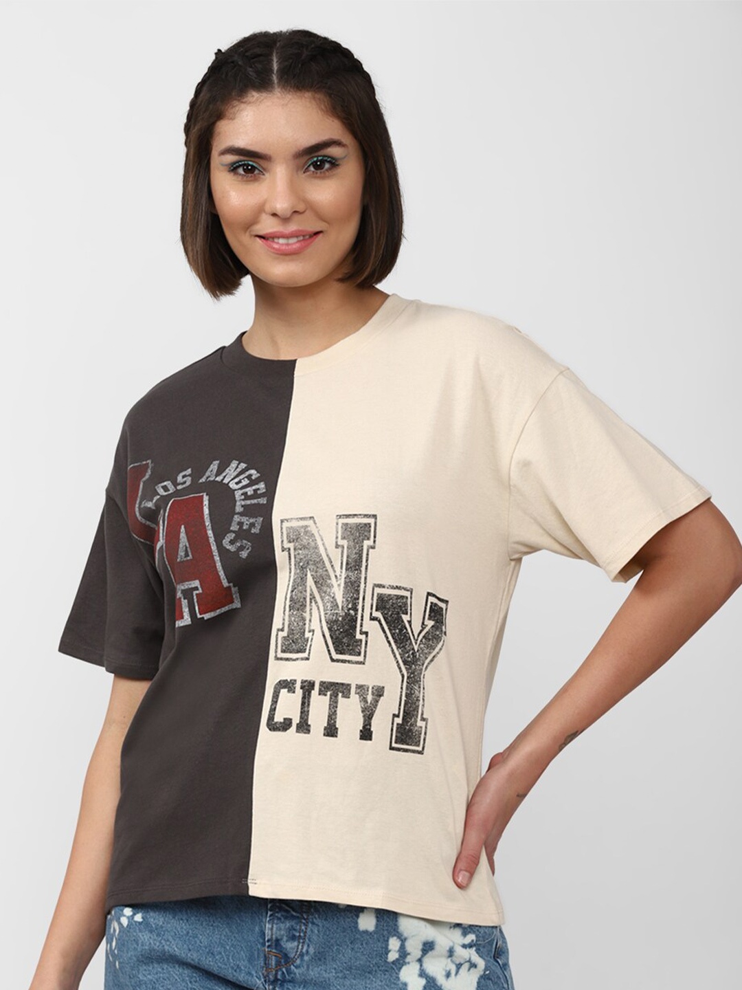 

FOREVER 21 Men Olive Green & Cream-Coloured Typography Printed Cotton T-shirt