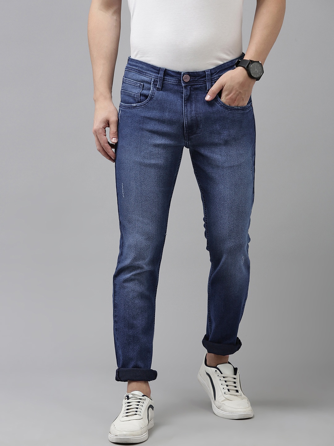 

V Dot Men Skinny Fit Low Distress Light Fade Stretchable Jeans, Blue