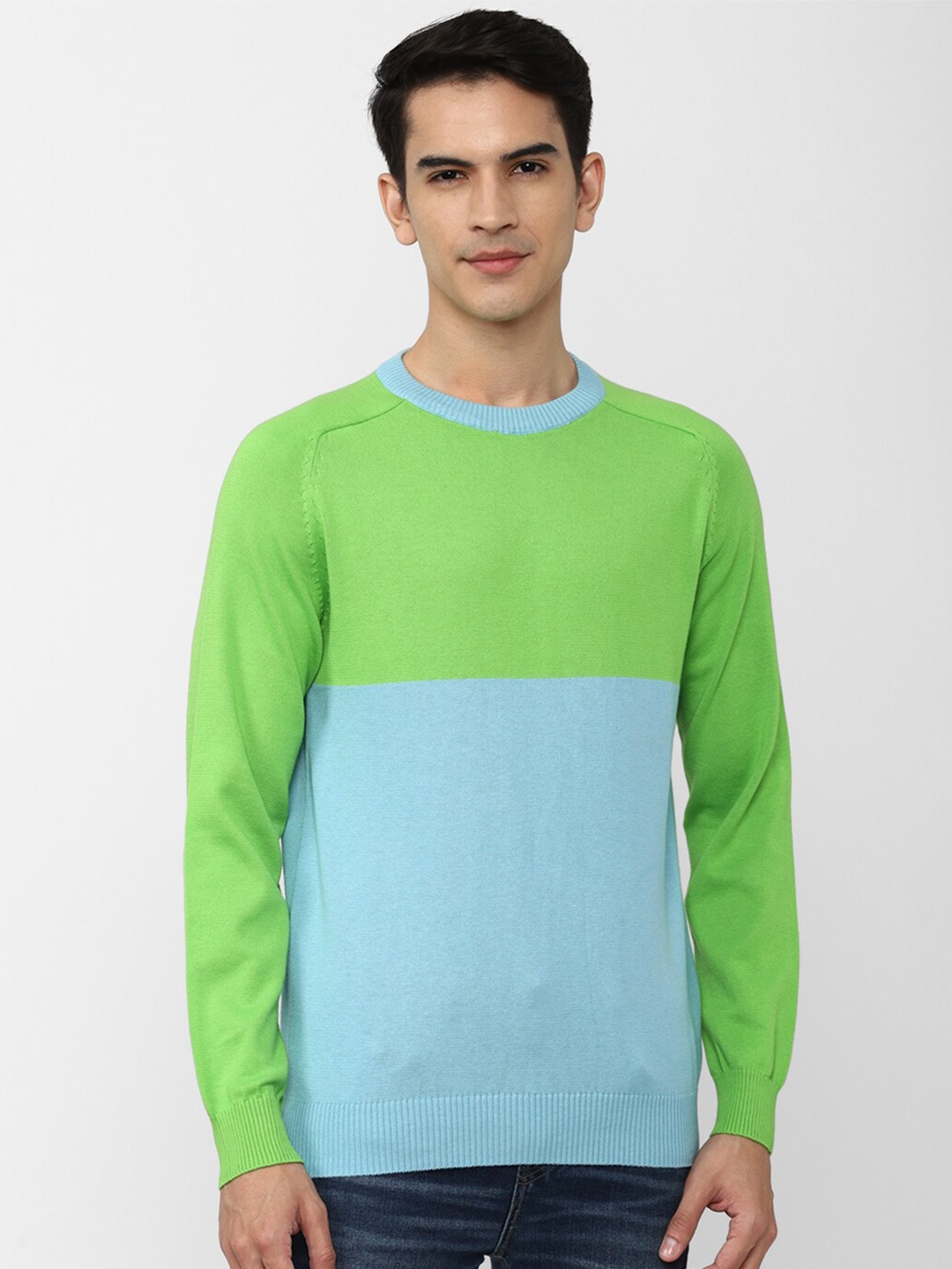 

FOREVER 21 Men Green & Blue Colourblocked Sweatshirt